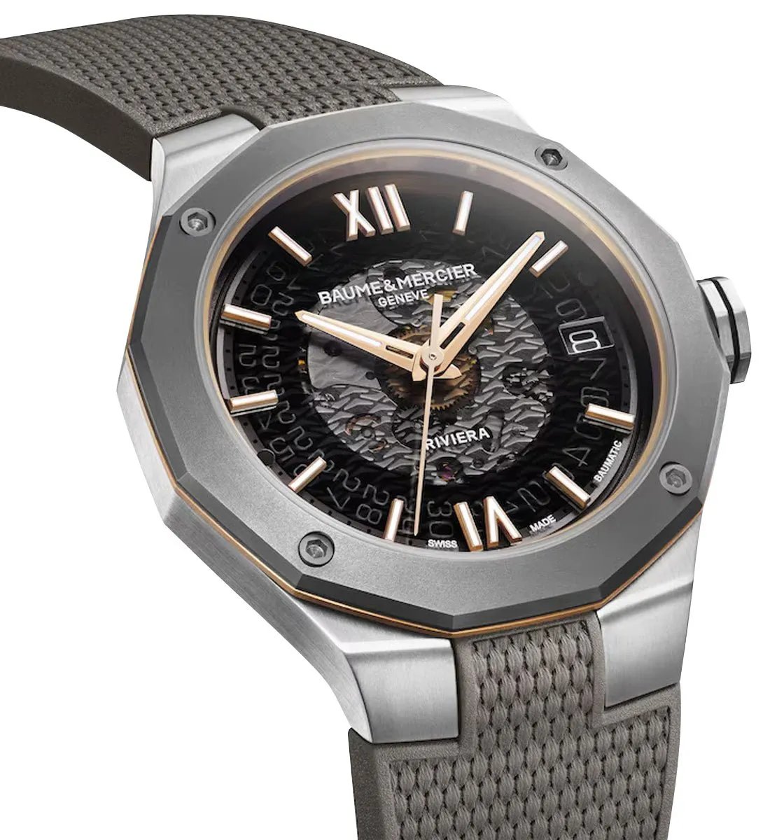 Baume & Mercier Riviera Automatic Stainless Steel & Titanium Gray Dial Gray Rubber Strap Date Unisex Watch M0A10720