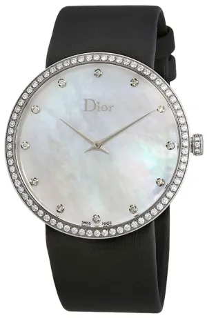 Dior La D de Dior Satine Stainless Steel Mother-of-Pearl Dial Diamonds Quartz Black Satin Womens Watch CD043114A001