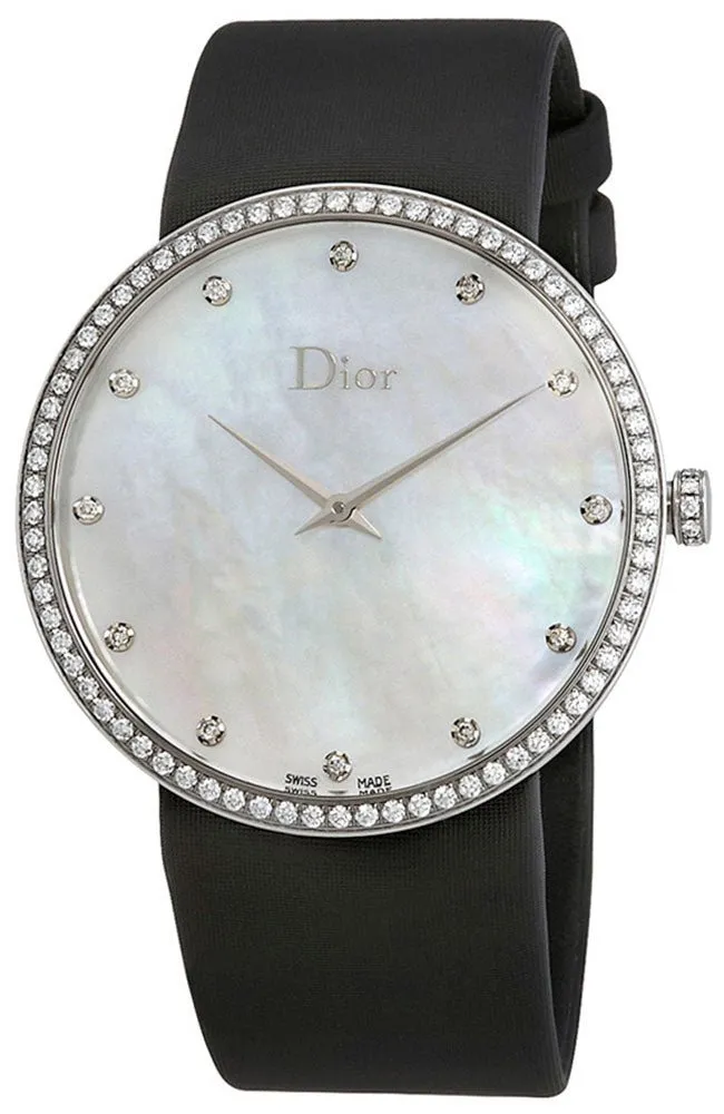 Dior La D de Dior Satine Stainless Steel Mother-of-Pearl Dial Diamonds Quartz Black Satin Womens Watch CD043114A001