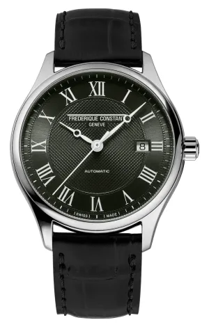 Frederique Constant Classics Automatic Stainless Steel Khaki Green Dial Black Leather Strap Date Mens Watch FC-303MCK5B6
