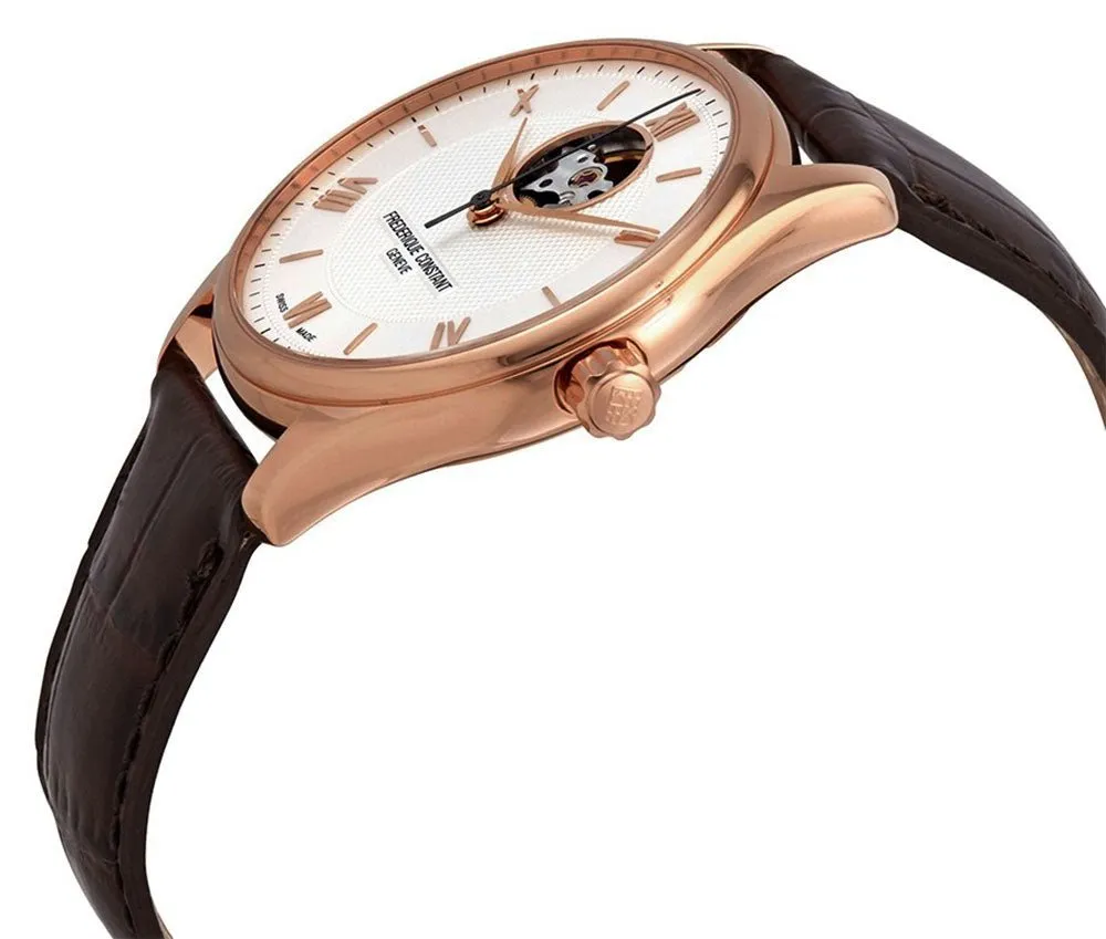 Frederique Constant Classics Heart Beat Rose Gold Tone Steel Automatic Silver Dial Brown Leather Strap Mens Watch FC-310MV5B4