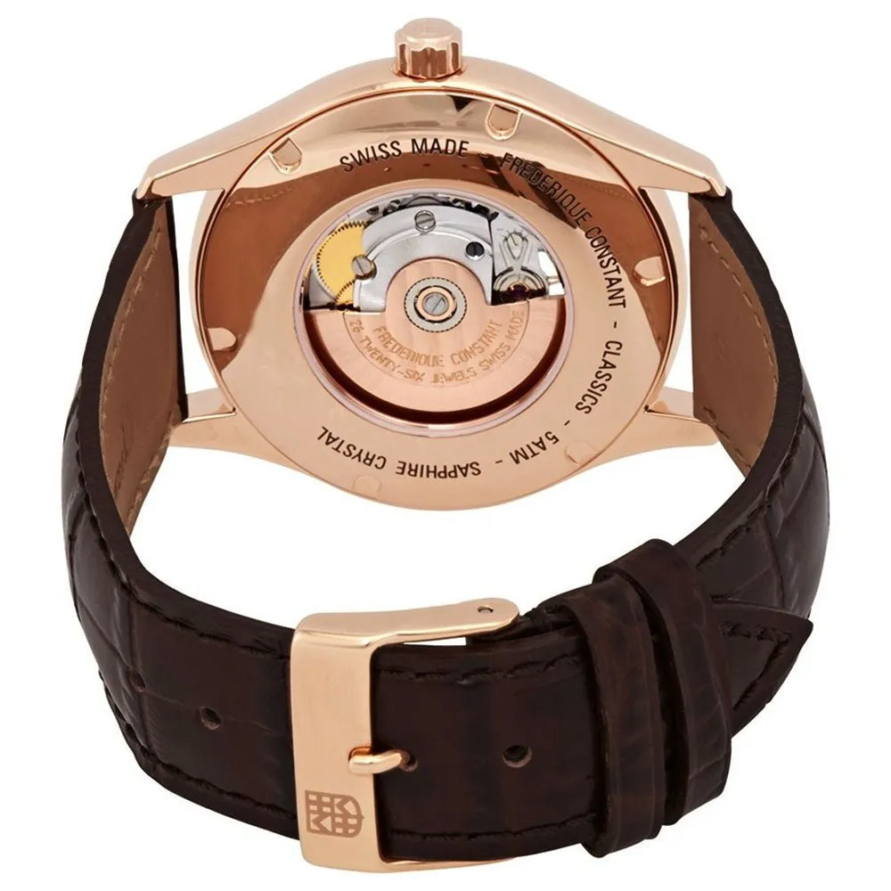 Frederique Constant Classics Heart Beat Rose Gold Tone Steel Automatic Silver Dial Brown Leather Strap Mens Watch FC-310MV5B4