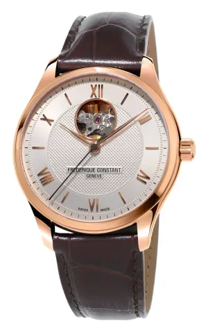 Frederique Constant Classics Heart Beat Rose Gold Tone Steel Automatic Silver Dial Brown Leather Strap Mens Watch FC-310MV5B4