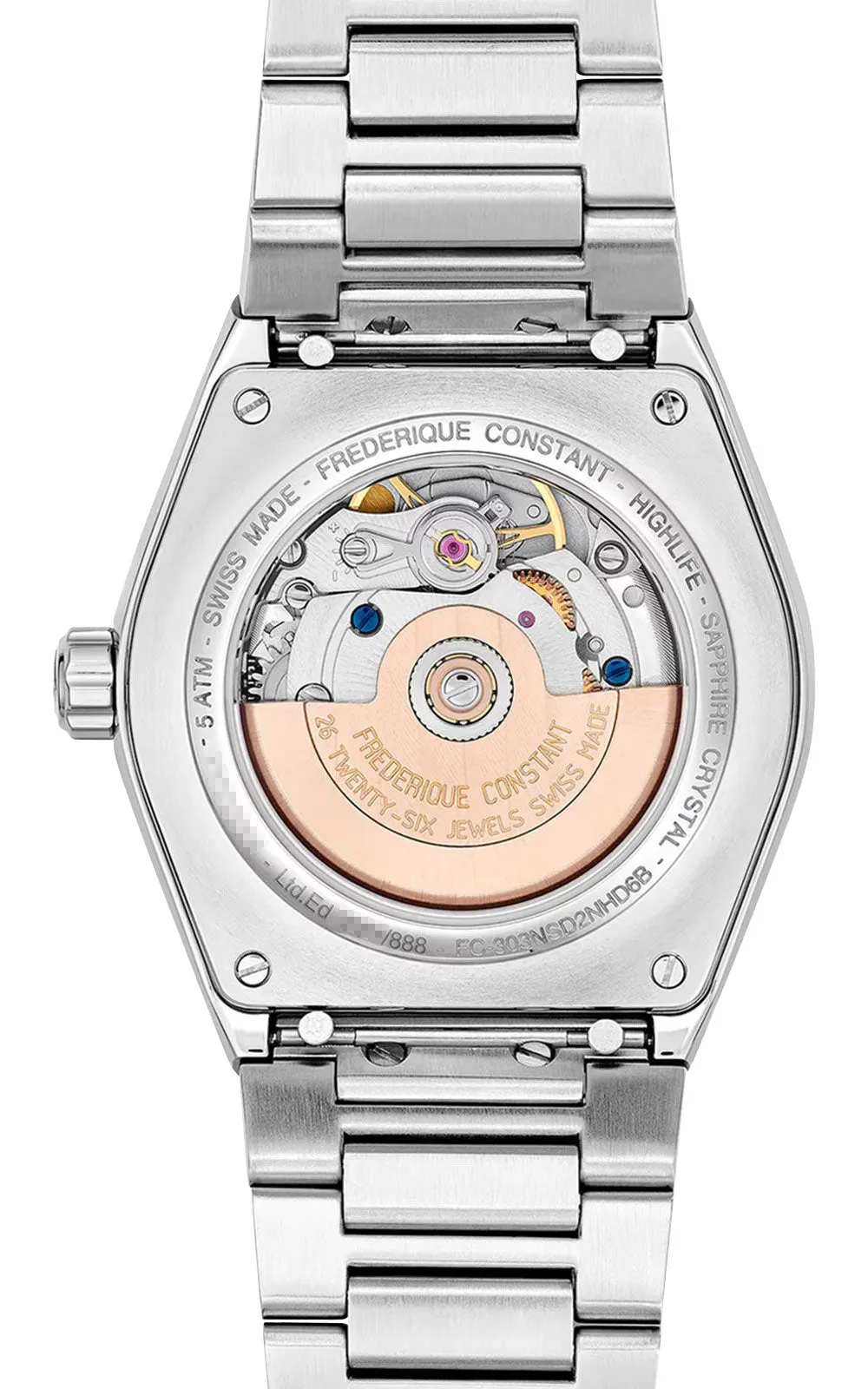 Limited Edition Frederique Constant Highlife Sparkling Automatic Stainless Steel Blue Dial Diamonds Interchangeable White Rubber Strap Date Womens Watch FC-303NSD2NHD6B