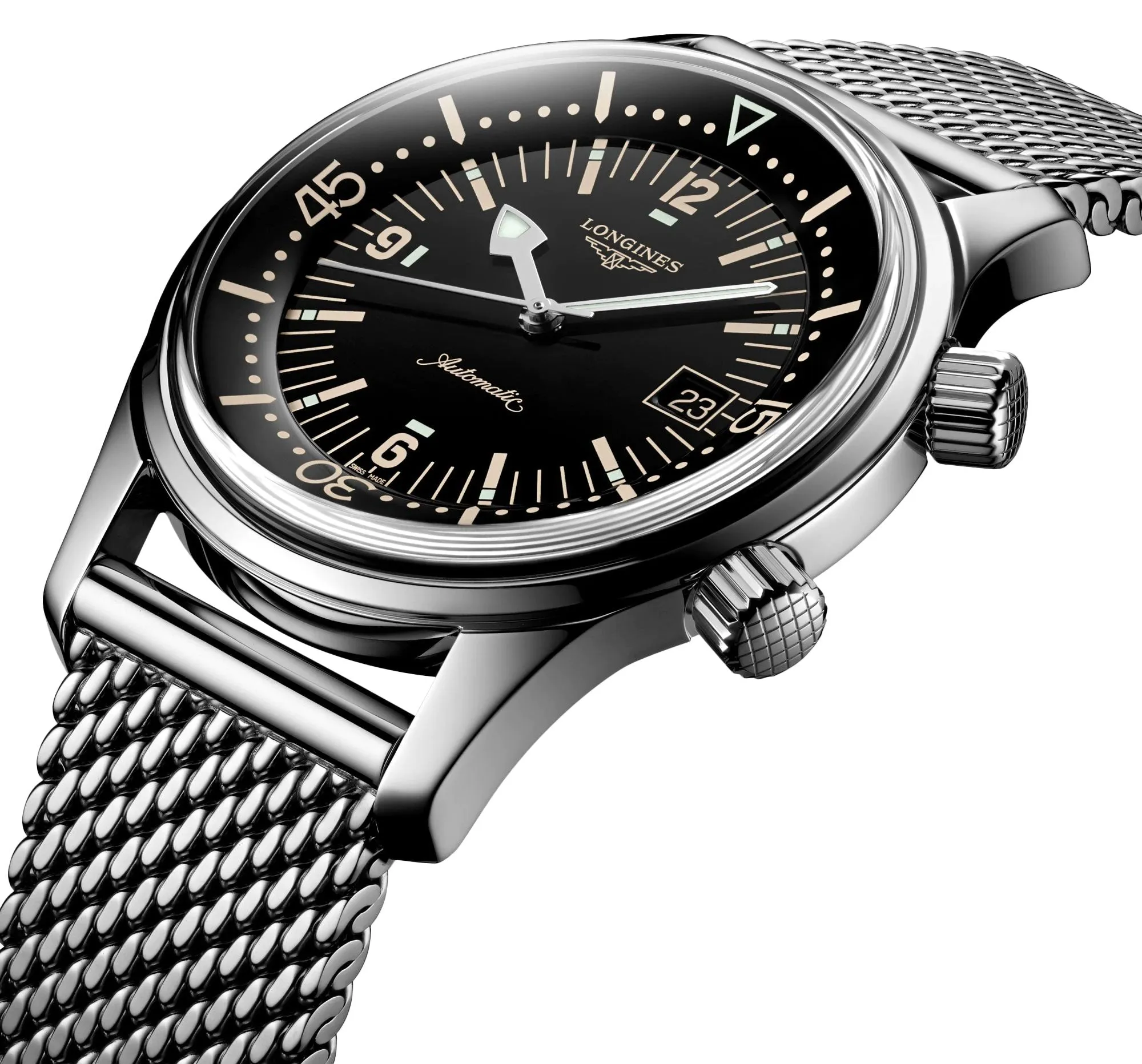 Longines Legend Diver Automatic Mesh Stainless Steel Black Dial Date Mens Watch L3.774.4.50.6