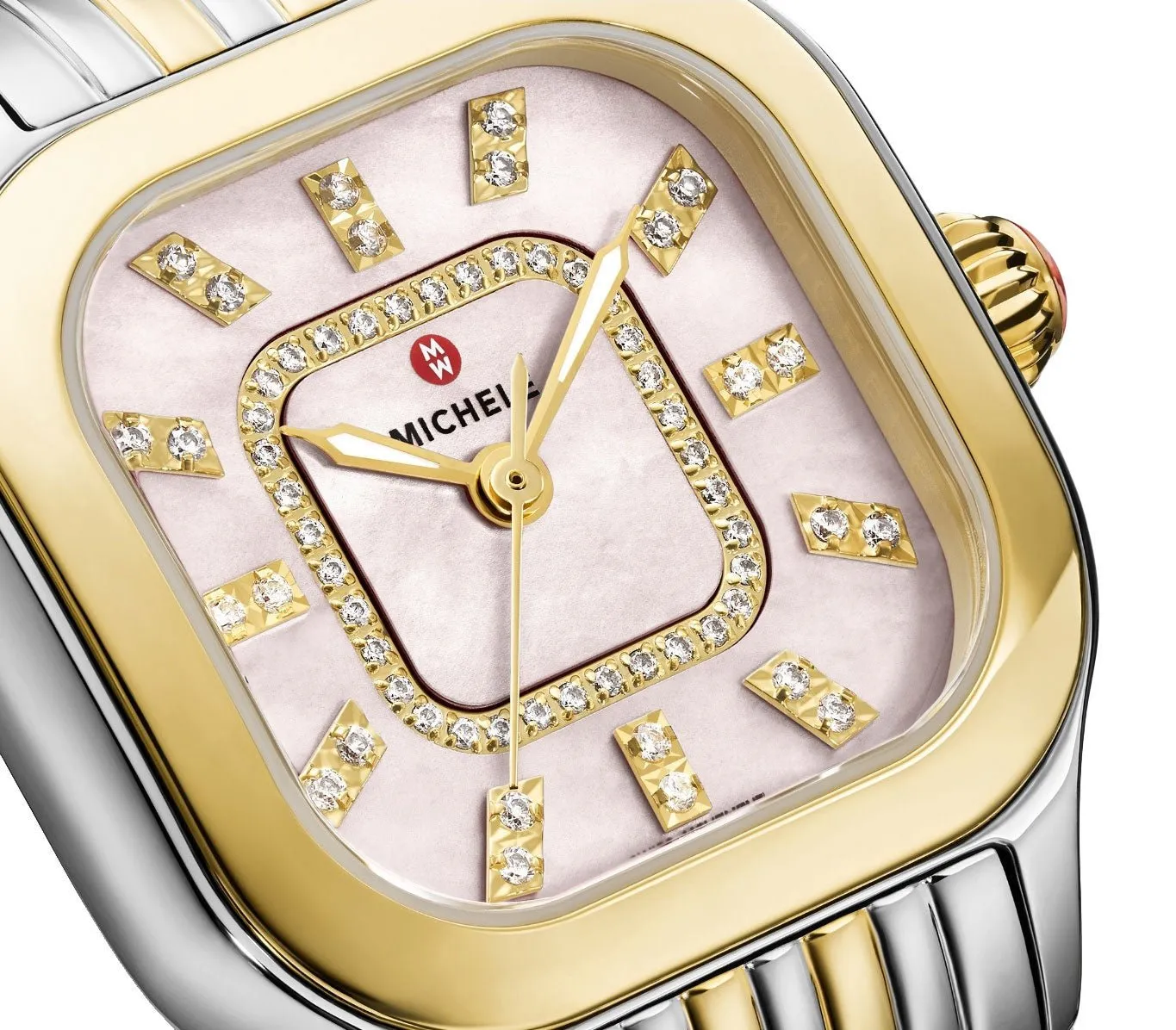 Michele Meggie Two-Tone Steel Diamonds Square Peony Pink Mother-of-Pearl Dial Womens Watch MWW33B000014