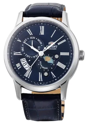 Orient Sun And Moon Version 3 Automatic Stainless Steel Blue Leather Strap Blue Dial Day-Date Mens Watch FAK00005D0