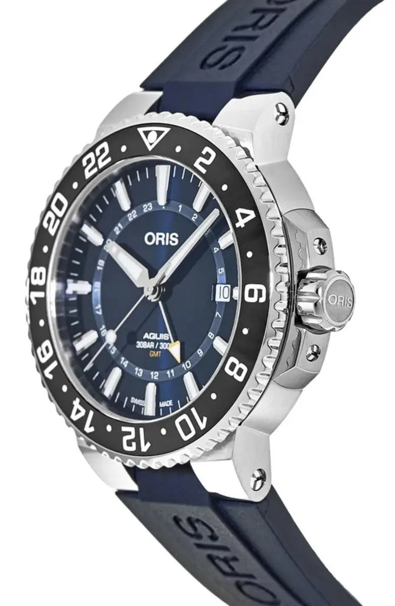 Oris Aquis Automatic Stainless Steel Blue Rubber Strap Blue Dial GMT Date Divers Mens Watch 798 7754 4135-07 4 24 65EB