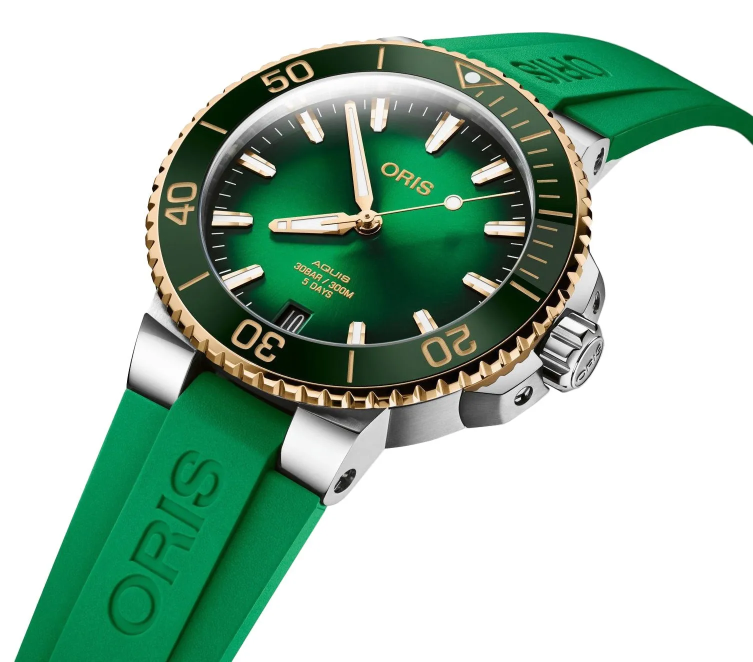 Oris Aquis Date Automatic Stainless Steel Green Dial Green Rubber Strap Divers Mens Watch 400 7769 6357-07 4 22 77FC