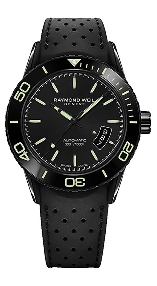 Raymond Weil Freelancer Automatic Black Steel Mens Rubber Divers Watch Date 2760-SB1-20001