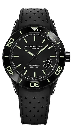 Raymond Weil Freelancer Automatic Black Steel Mens Rubber Divers Watch Date 2760-SB1-20001