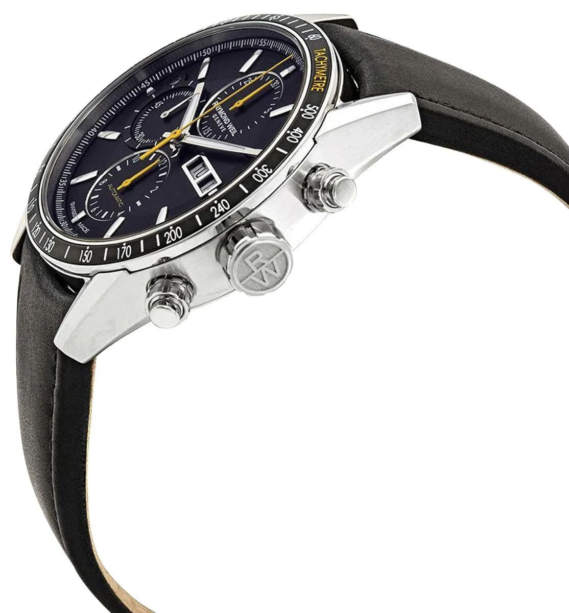 Raymond Weil Freelancer Automatic Chronograph Stainless Steel Black Dial Black Leather Strap Day/Date Mens Watch 7731-SC1-20121