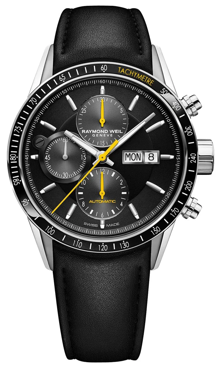 Raymond Weil Freelancer Automatic Chronograph Stainless Steel Black Dial Black Leather Strap Day/Date Mens Watch 7731-SC1-20121