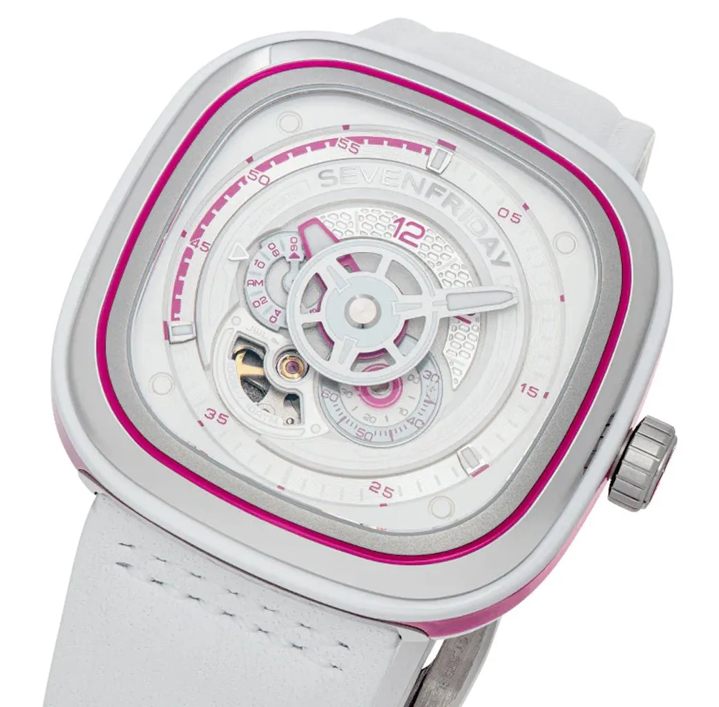 SEVENFRIDAY P-Series Beach Club Automatic Stainless Steel White/Silver Dial White Leather Strap Unisex Watch P3C/12