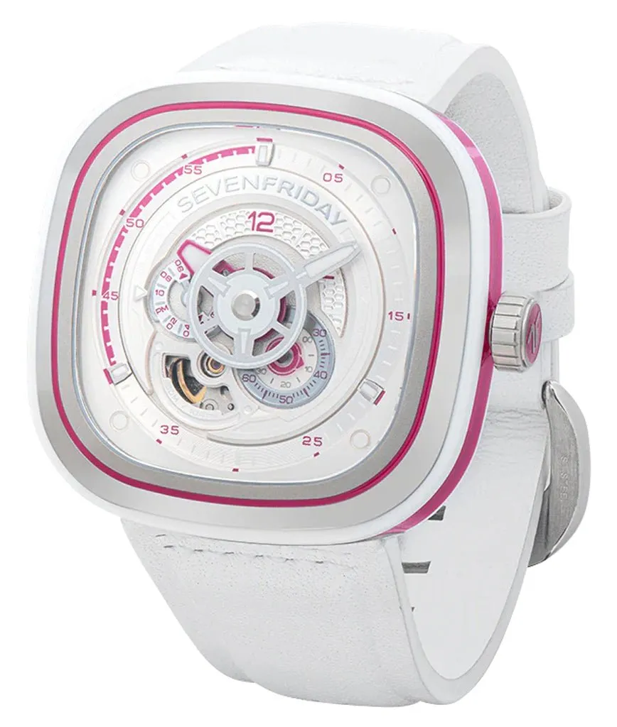 SEVENFRIDAY P-Series Beach Club Automatic Stainless Steel White/Silver Dial White Leather Strap Unisex Watch P3C/12