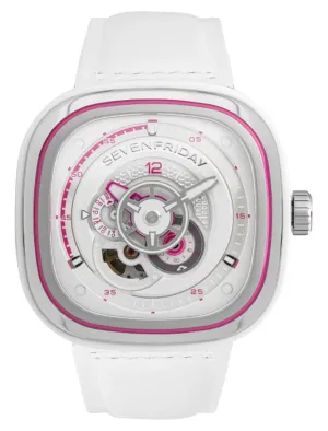 SEVENFRIDAY P-Series Beach Club Automatic Stainless Steel White/Silver Dial White Leather Strap Unisex Watch P3C/12