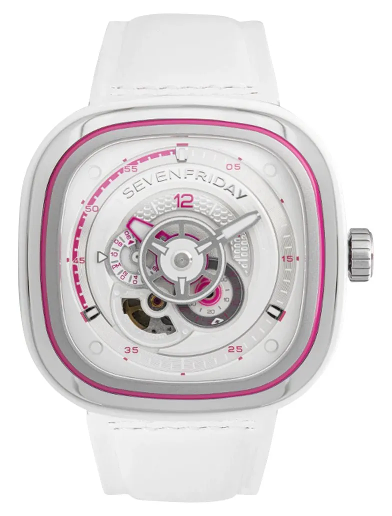 SEVENFRIDAY P-Series Beach Club Automatic Stainless Steel White/Silver Dial White Leather Strap Unisex Watch P3C/12
