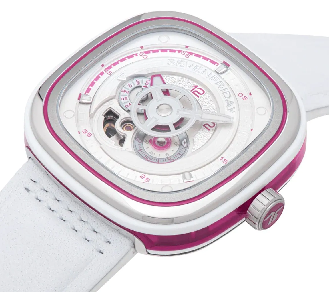 SEVENFRIDAY P-Series Beach Club Automatic Stainless Steel White/Silver Dial White Leather Strap Unisex Watch P3C/12