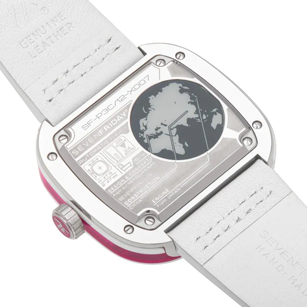 SEVENFRIDAY P-Series Beach Club Automatic Stainless Steel White/Silver Dial White Leather Strap Unisex Watch P3C/12