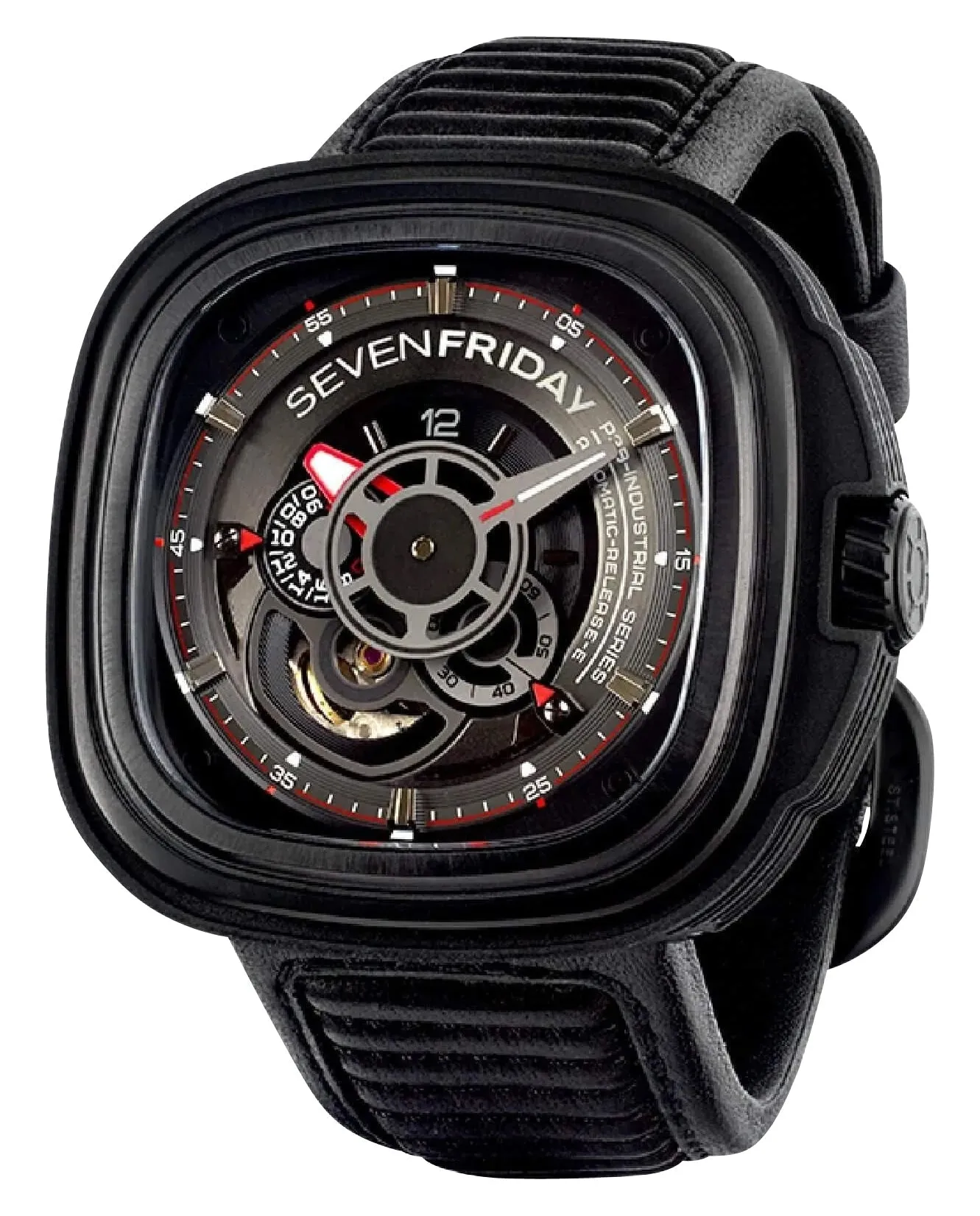 SEVENFRIDAY P-Series Racer Automatic Black/Gray Dial Black Leather Strap Mens Watch P3B/01