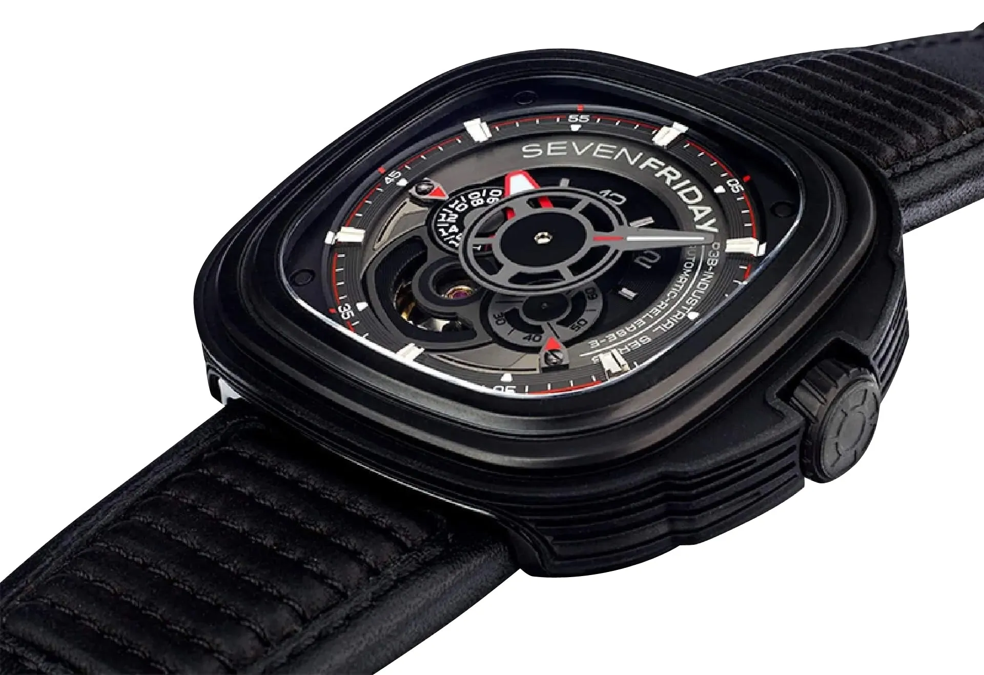 SEVENFRIDAY P-Series Racer Automatic Black/Gray Dial Black Leather Strap Mens Watch P3B/01