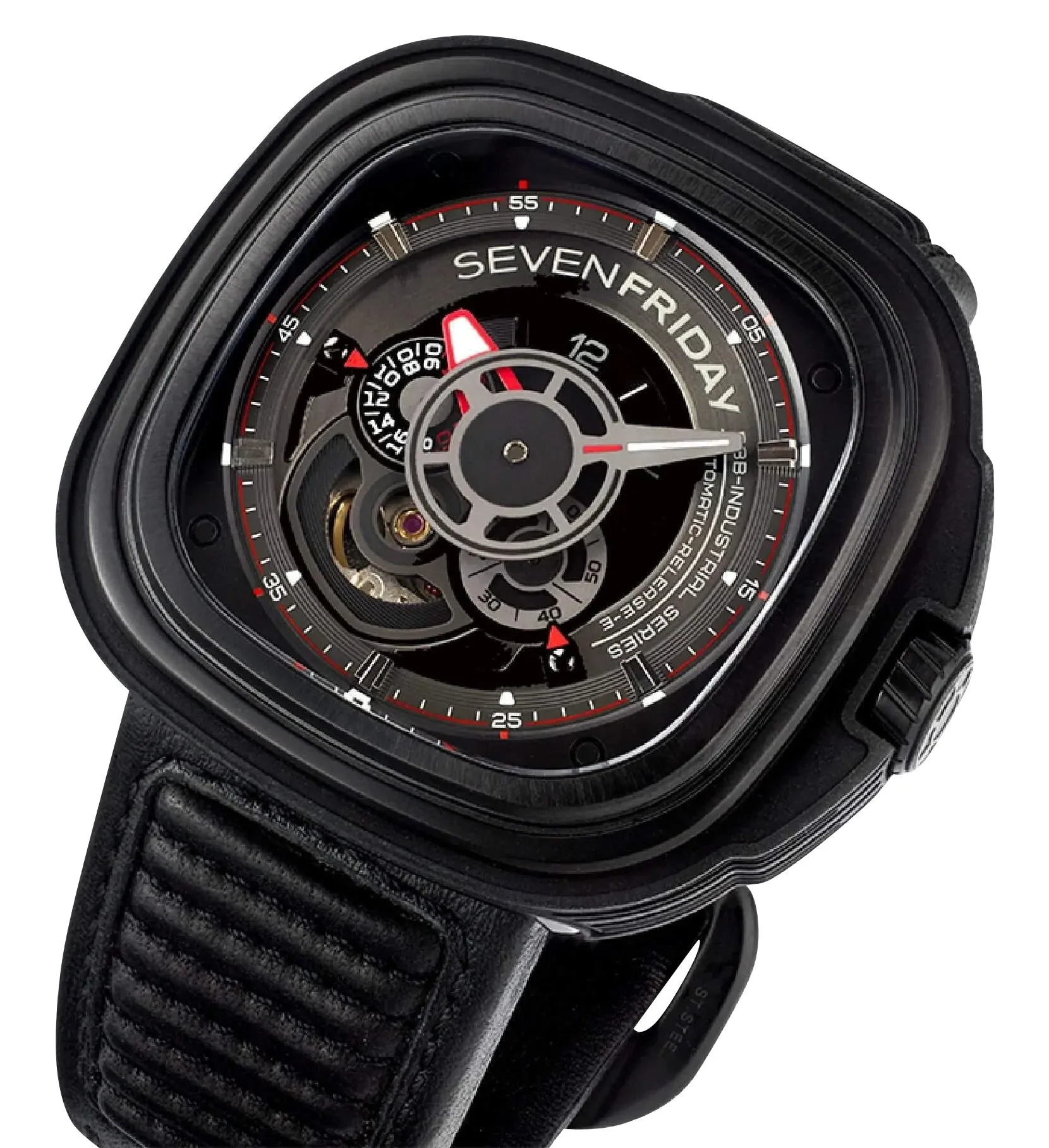 SEVENFRIDAY P-Series Racer Automatic Black/Gray Dial Black Leather Strap Mens Watch P3B/01
