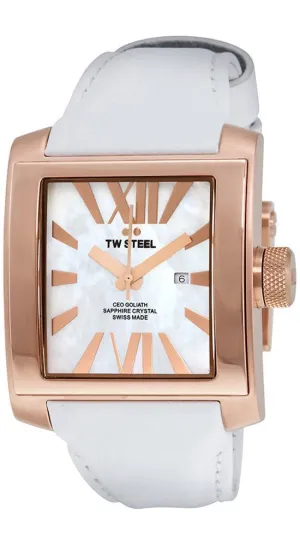 TW Steel CEO Goliath Rose Gold PVD Stainless Steel White Leather Quartz Date Mother of Pearl Dial Unisex Watch CE3016